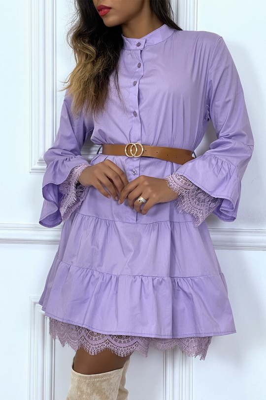 Lilac shirt dress with ruffle belt and lace - 3