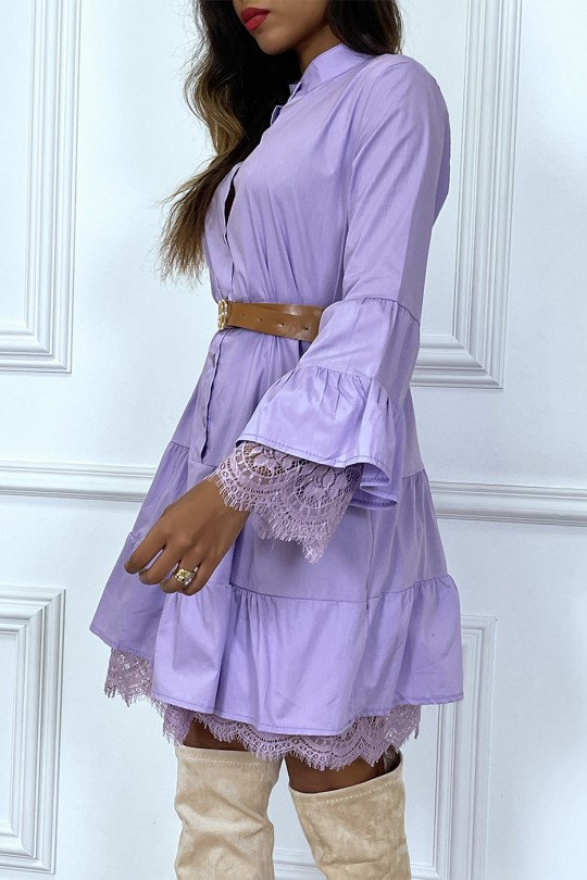 Robe chemise lila avec ceinture volant et dentelle - 4