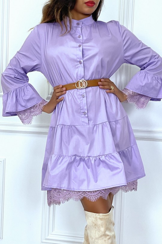 Robe chemise lila avec ceinture volant et dentelle - 5