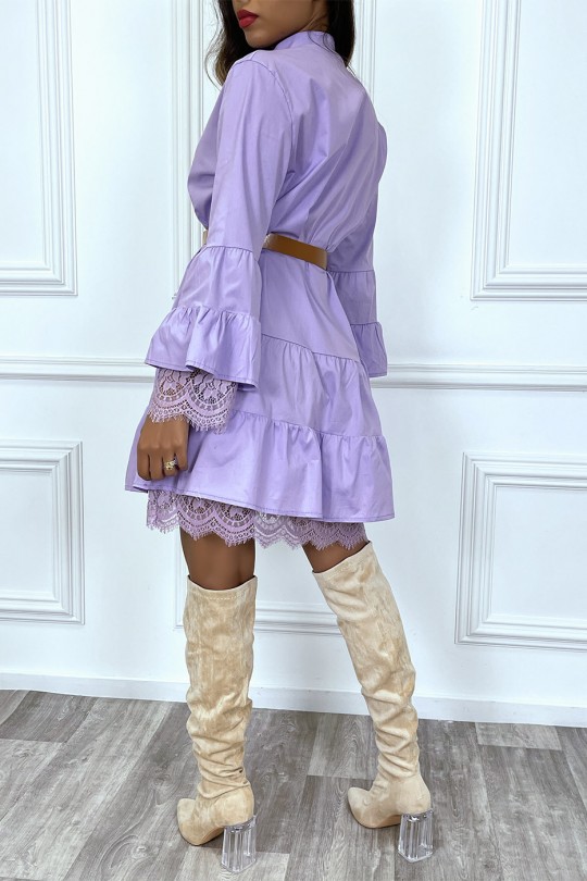Lilac shirt dress with ruffle belt and lace - 7