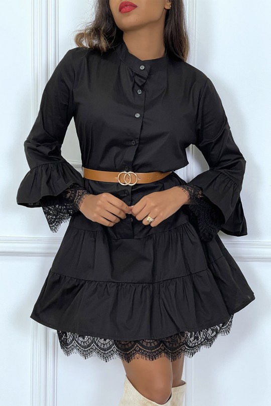 Black shirt dress with ruffle belt and lace - 3