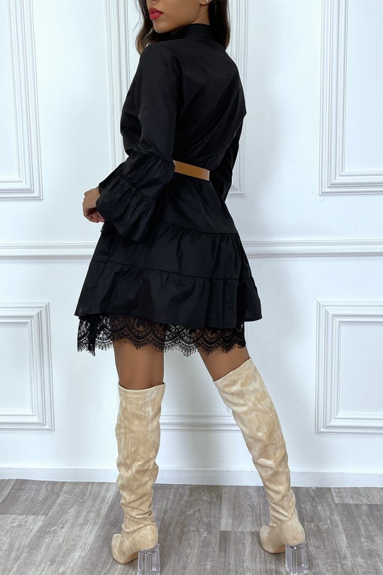 Black shirt dress with ruffle belt and lace - 5