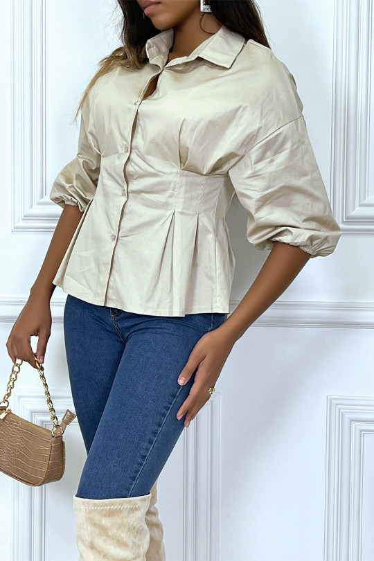 Beige shirt gathered at the waist and pleated - 2