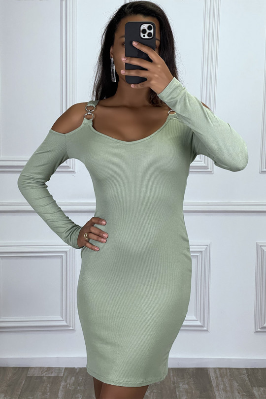 Green Ribbed Off Shoulder Bodycon Dress - 1