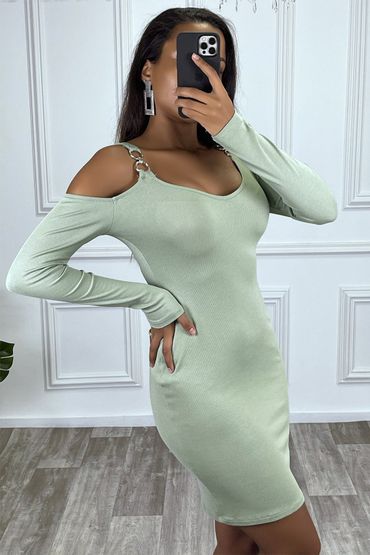 Green Ribbed Off Shoulder Bodycon Dress - 2