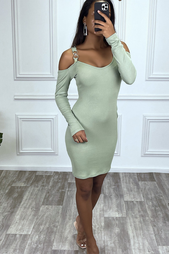 Green Ribbed Off Shoulder Bodycon Dress - 4