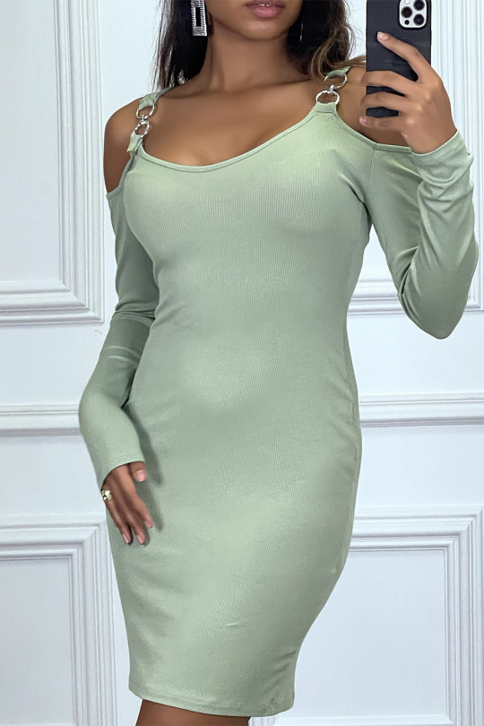 Green Ribbed Off Shoulder Bodycon Dress - 5