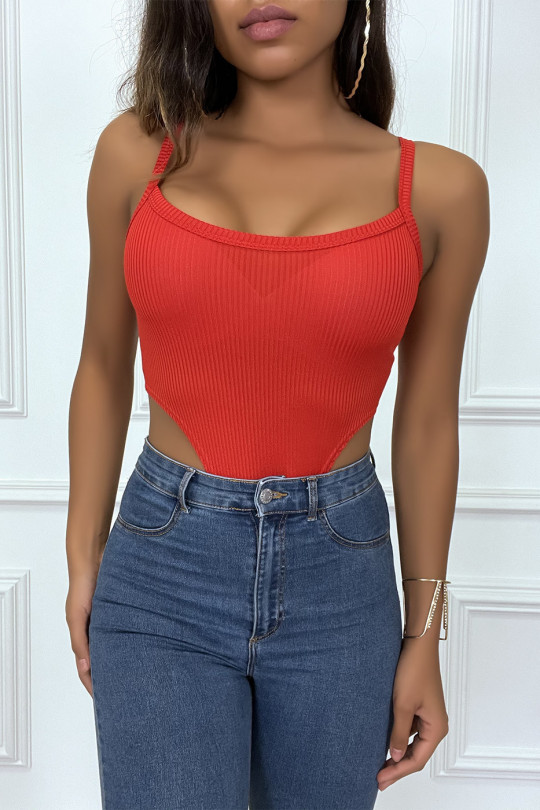 Red ribbed knit bodysuit with straps - 1