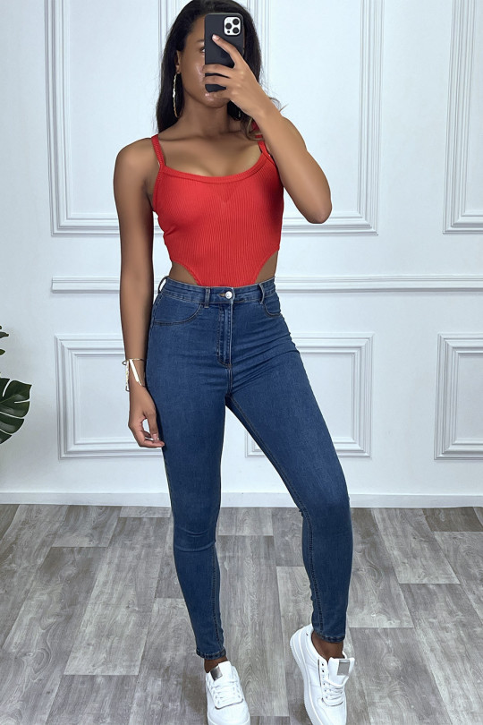 Red ribbed knit bodysuit with straps - 2