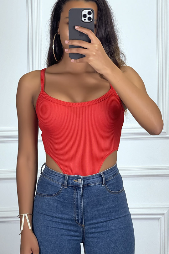 Red ribbed knit bodysuit with straps - 3