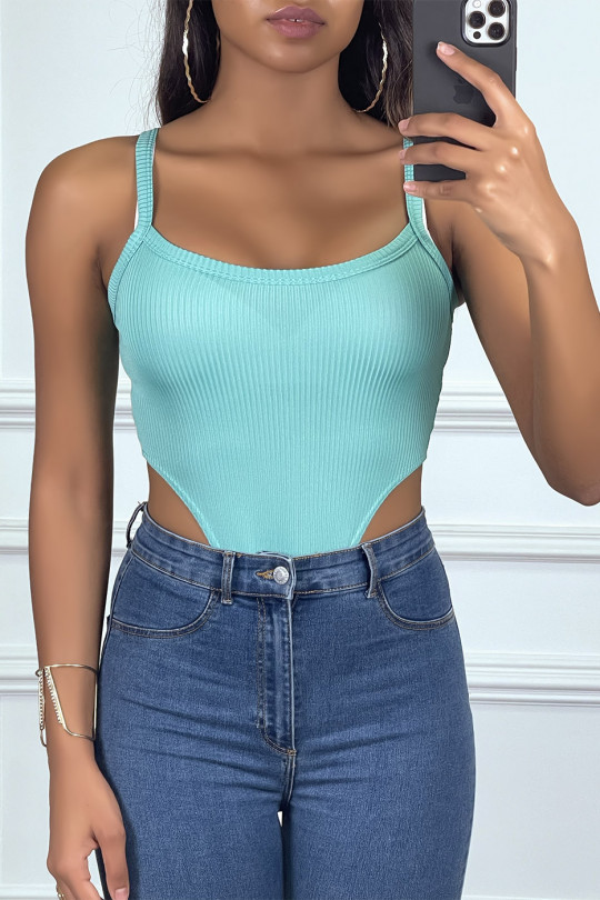 Green ribbed knit bodysuit with suspenders - 1