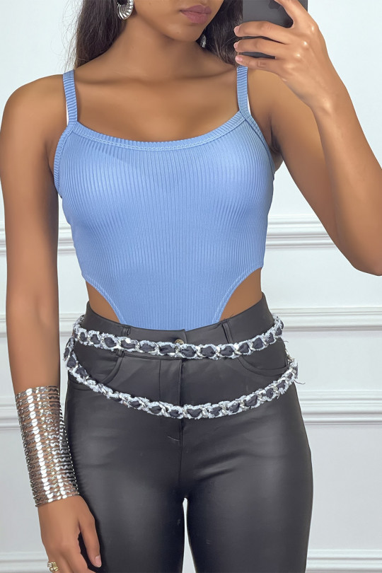 Blue ribbed knit bodysuit with suspenders - 1
