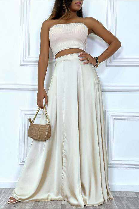 Longue jupe beige satiné avec fente et élastique à la taille - 4