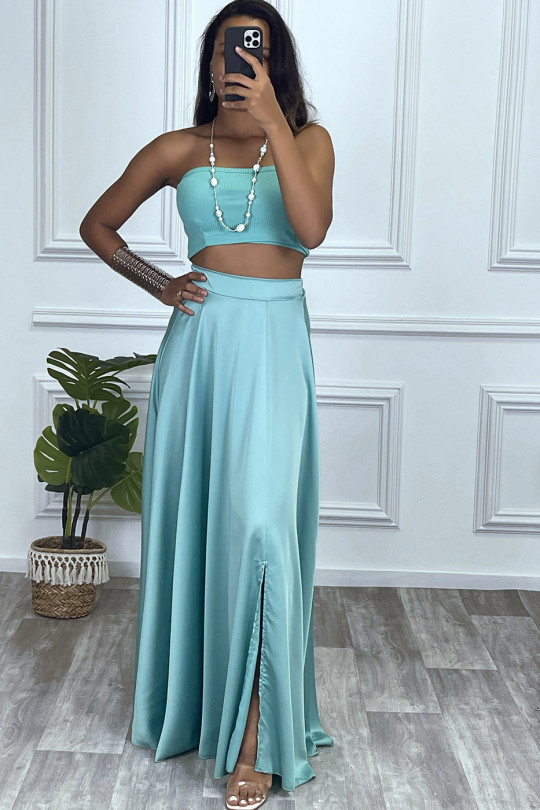 Long satin green skirt with slit and elastic at the waist - 1