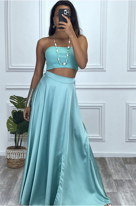 Longue jupe verte satiné avec fente et élastique à la taille - 2