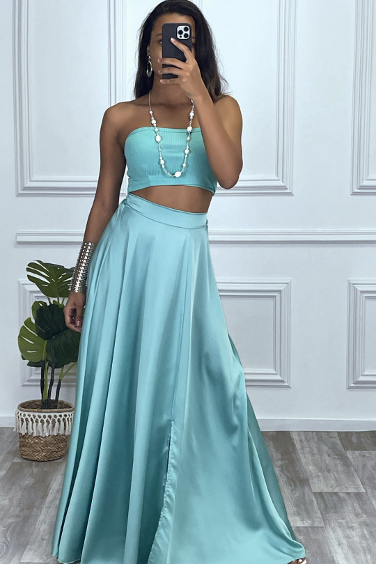 Long satin green skirt with slit and elastic at the waist - 2