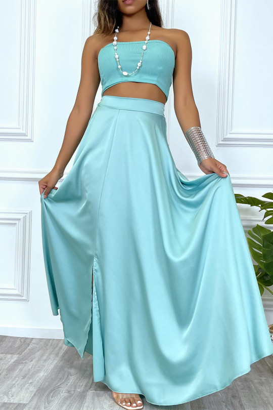 Long satin green skirt with slit and elastic at the waist - 5