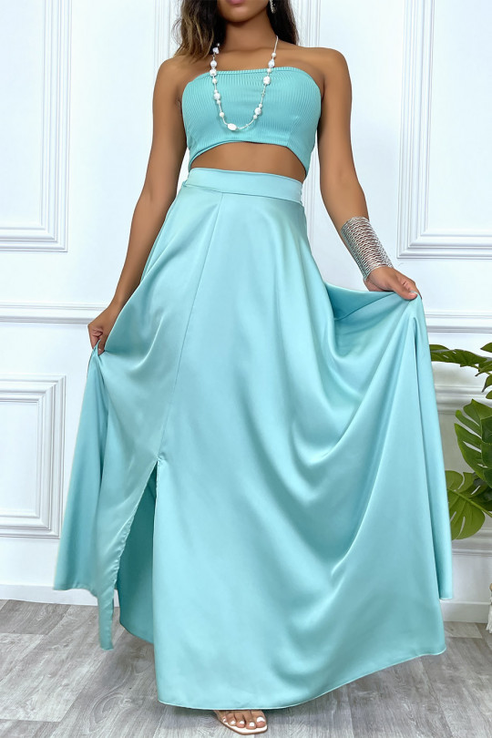 Long satin green skirt with slit and elastic at the waist - 6