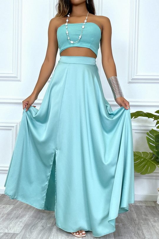 Long satin green skirt with slit and elastic at the waist - 7
