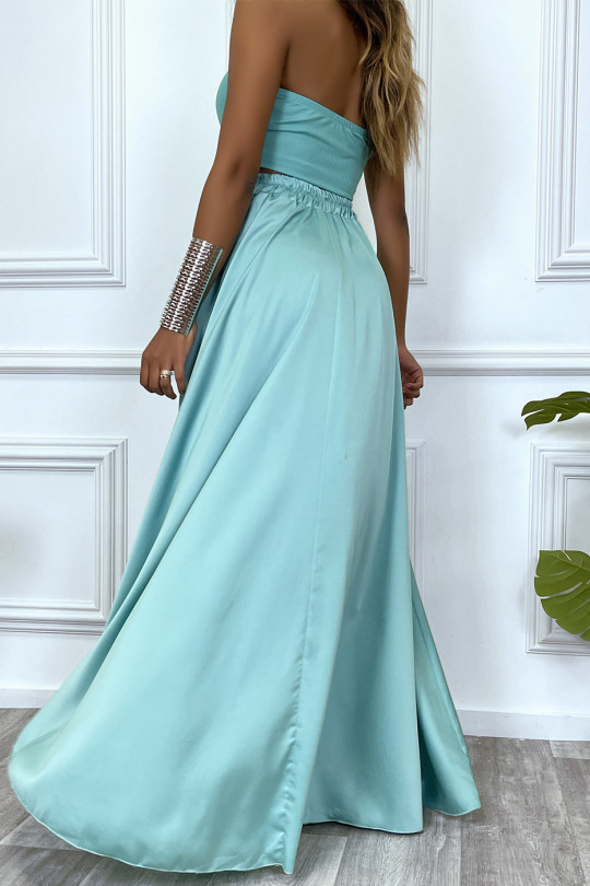 Long satin green skirt with slit and elastic at the waist - 11