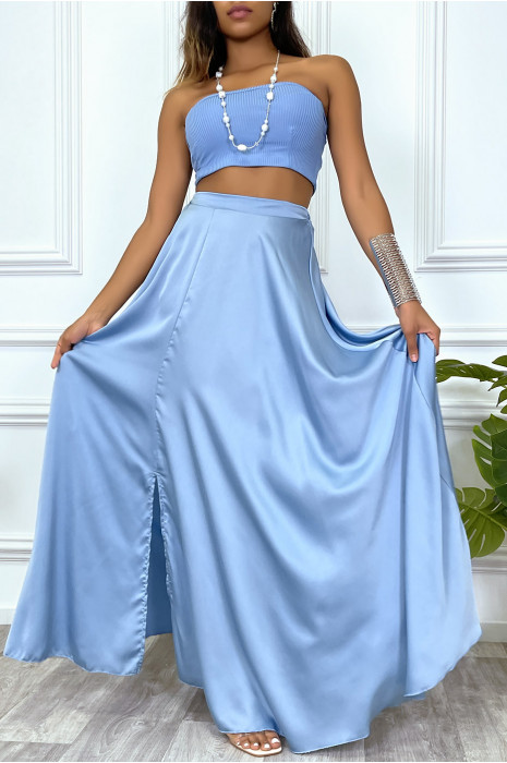 Longue jupe turquoise satiné avec fente et élastique à la taille - 2