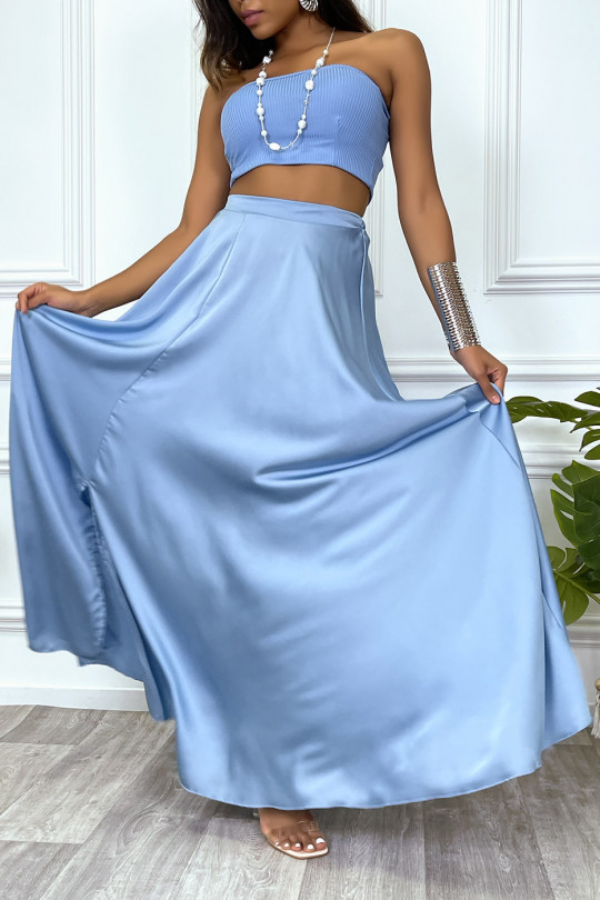 Longue jupe turquoise satiné avec fente et élastique à la taille - 4