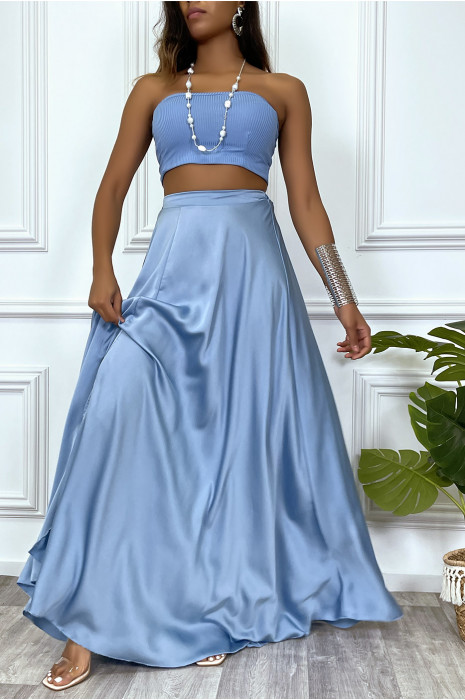 Longue jupe turquoise satiné avec fente et élastique à la taille - 6