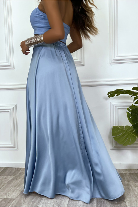 Longue jupe turquoise satiné avec fente et élastique à la taille - 7