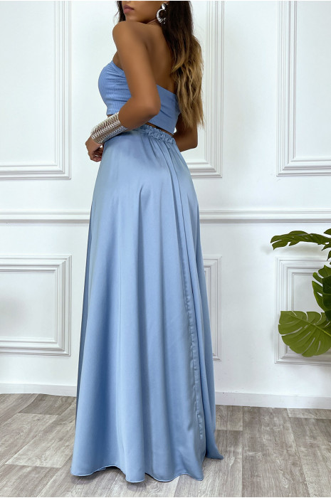 Longue jupe turquoise satiné avec fente et élastique à la taille - 8