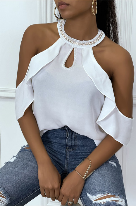 Blouse blanche à épaules dénudées et à volants - 3