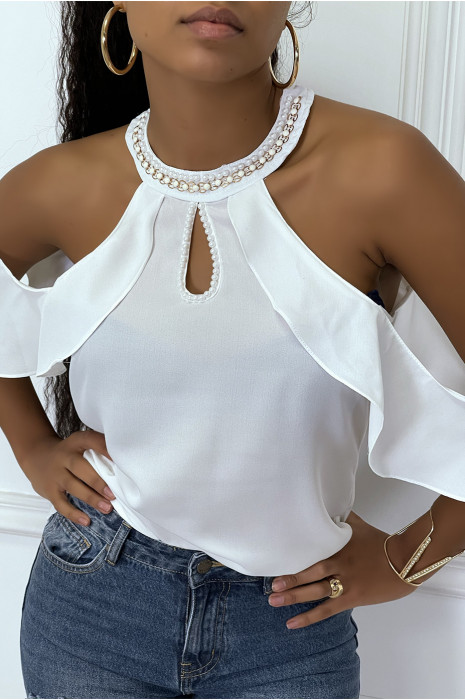 Blouse blanche à épaules dénudées et à volants - 4