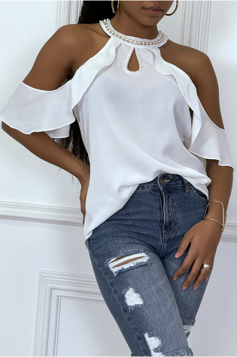 Blouse blanche à épaules dénudées et à volants - 5