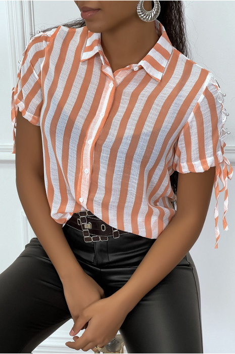 Chemise orange à rayure et dentelle sur les bras - 2