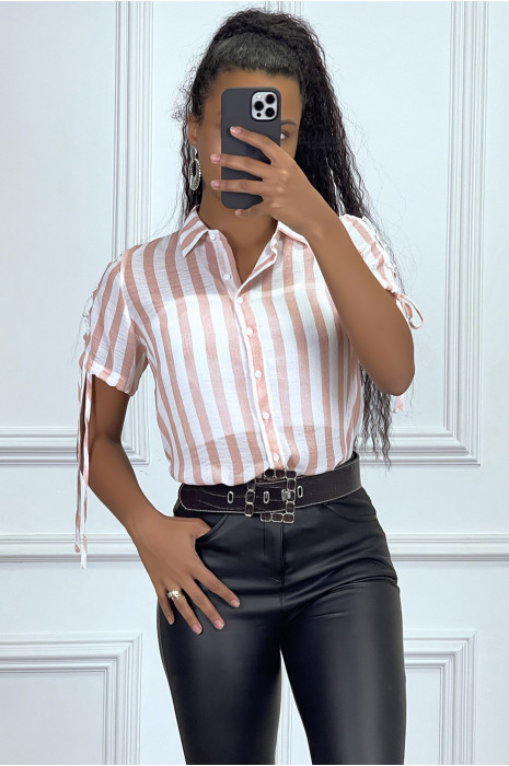 Chemise rose à rayure et dentelle sur les bras - 6