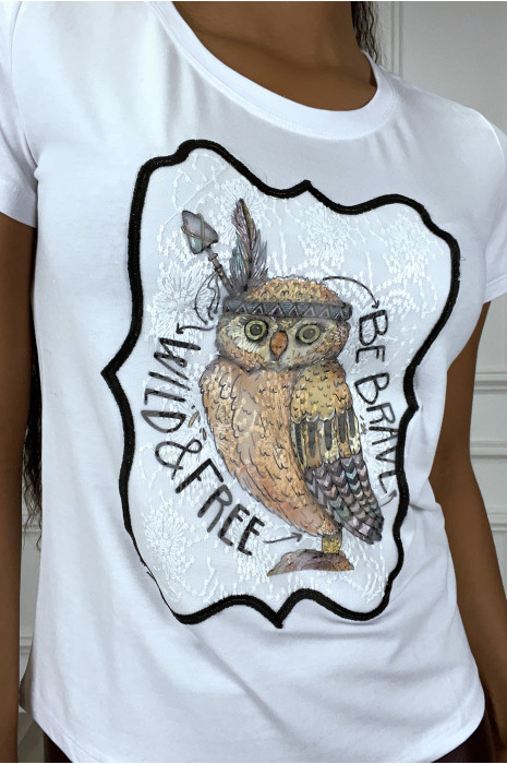 Wit t-shirt met ronde hals en kanten inzet - 1