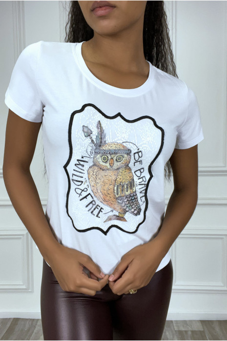 White t-shirt with round neck and lace insert - 2