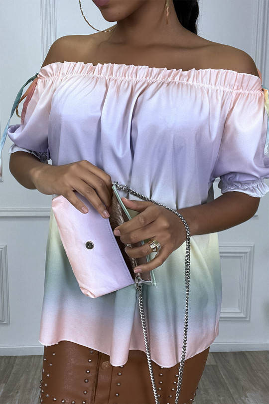 Pink tie-dye blouse with bardot collar and handbag - 1