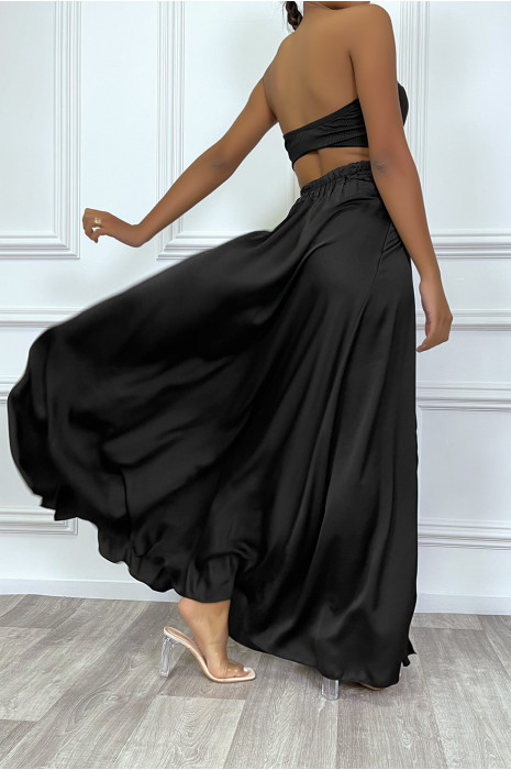 Longue jupe noire satinée avec fente et élastique à la taille - 1