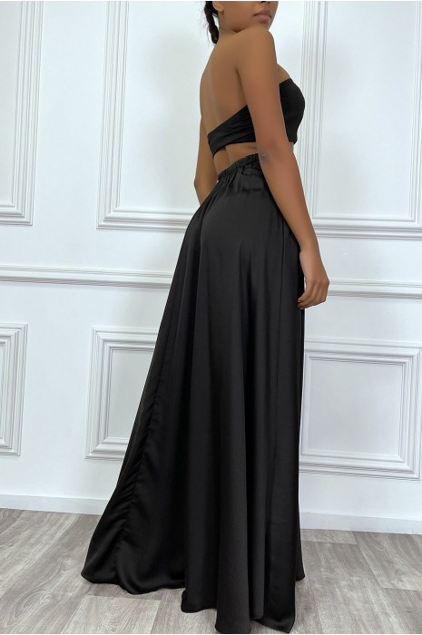 Longue jupe noire satinée avec fente et élastique à la taille - 2