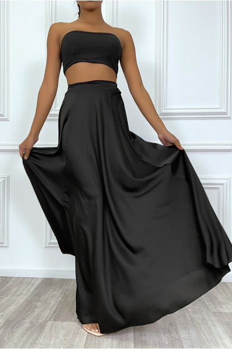 Longue jupe noire satinée avec fente et élastique à la taille - 3