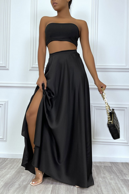Longue jupe noire satinée avec fente et élastique à la taille - 5