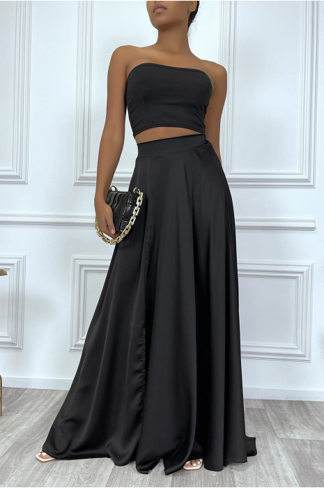 Longue jupe noire satinée avec fente et élastique à la taille - 7