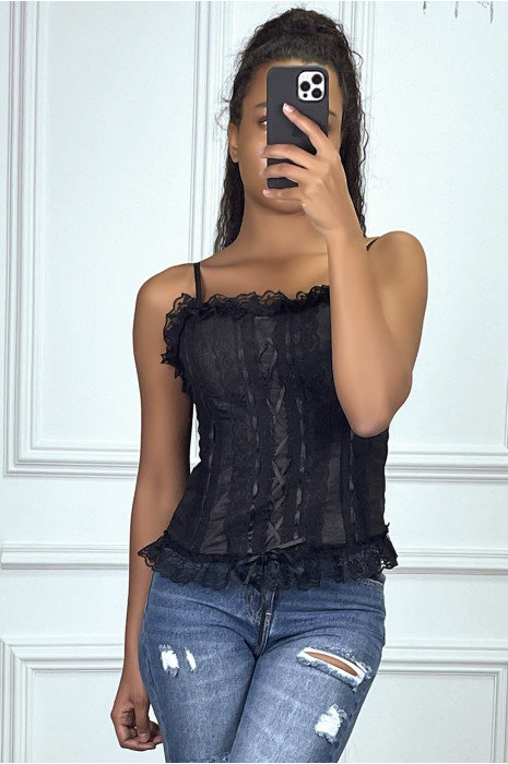Corset noir à volant en dentelle et ruban - 1