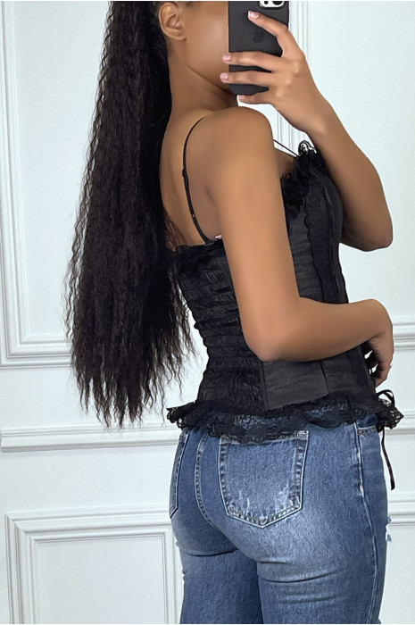 Corset noir à volant en dentelle et ruban - 2