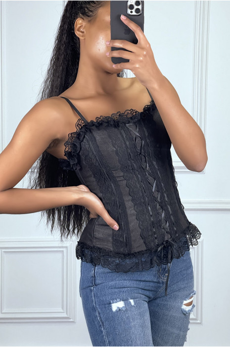 Corset noir à volant en dentelle et ruban - 4
