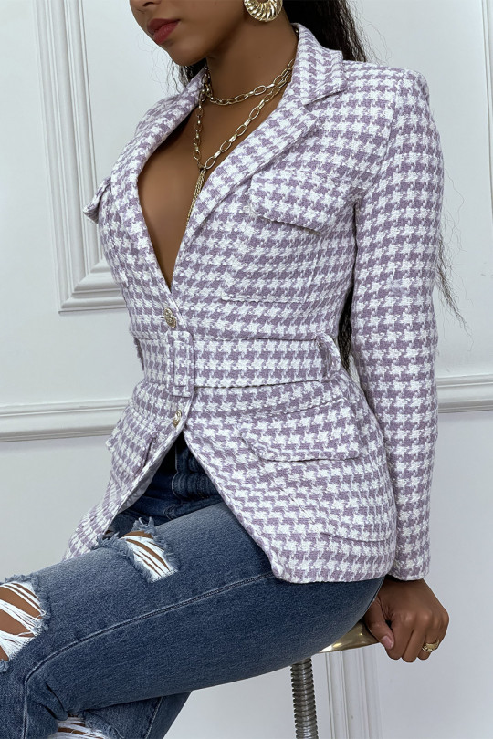 Purple houndstooth pattern and belted blazer - 1