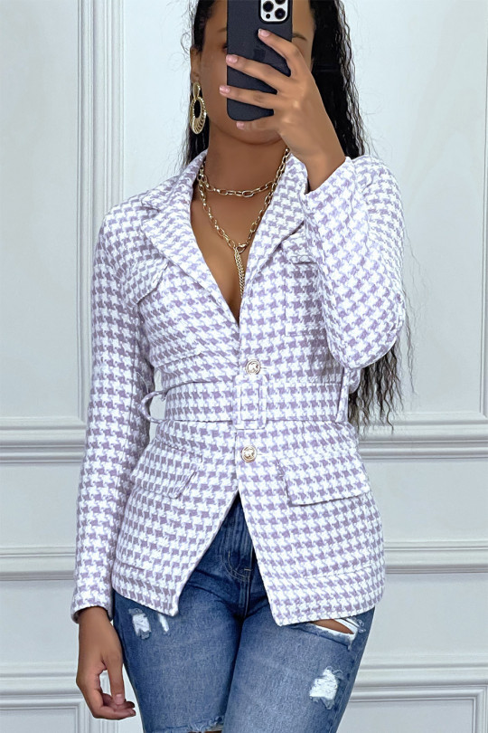 Purple houndstooth pattern and belted blazer - 5