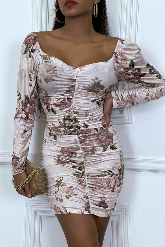 Robe moulante rose à motif floral col bardot froncée et plissée - 2