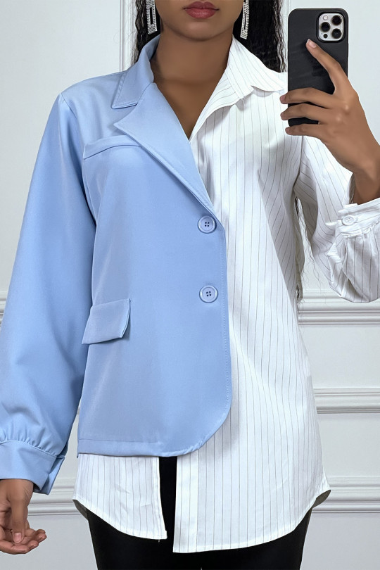 Blazer chemise 2 en 1 bleu et blanc avec ceinture - 1