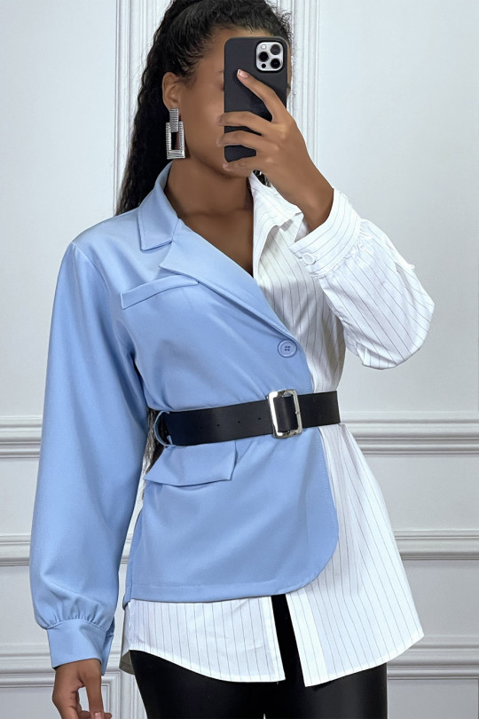 Blazer chemise 2 en 1 bleu et blanc avec ceinture - 2